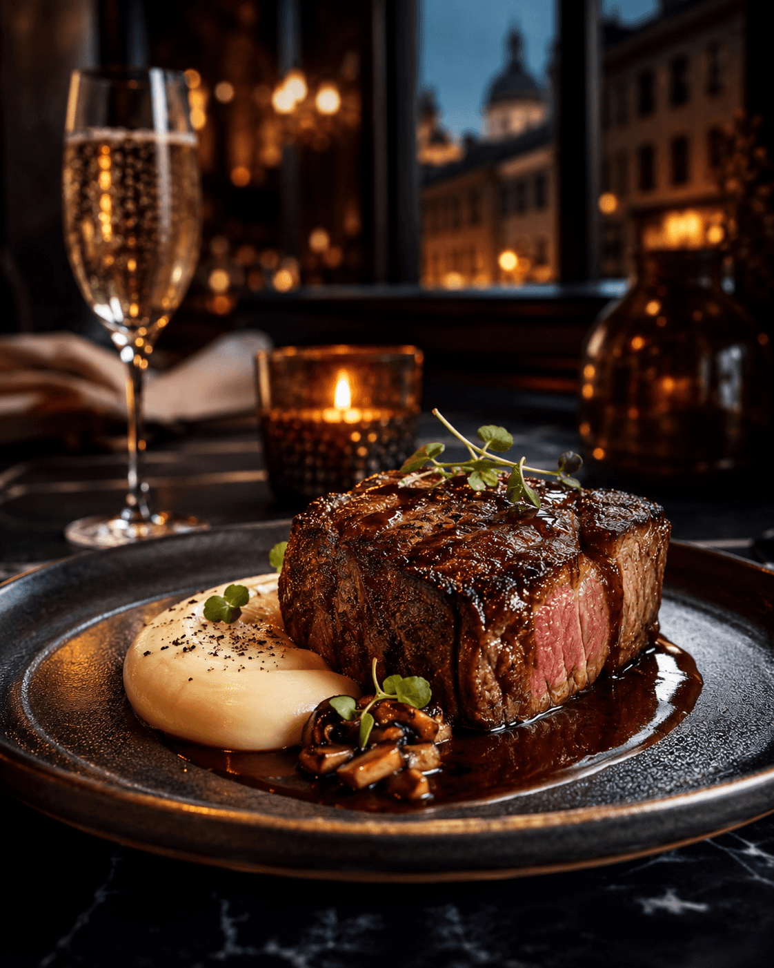 Photo du plat : Pavé de bœuf maturé, purée Ratte & jus Bordelaise