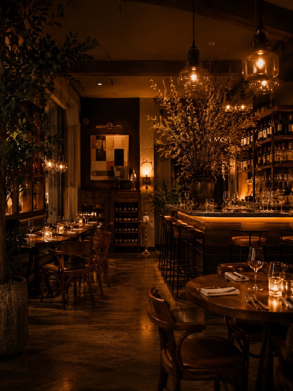 Ambiance de bistro chaleureux avec bar et végétation