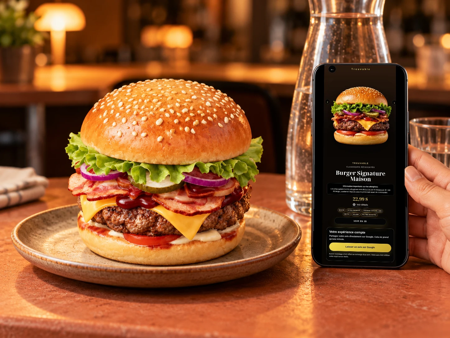 Burger signature Trouvable servi au comptoir avec sa fiche sur téléphone