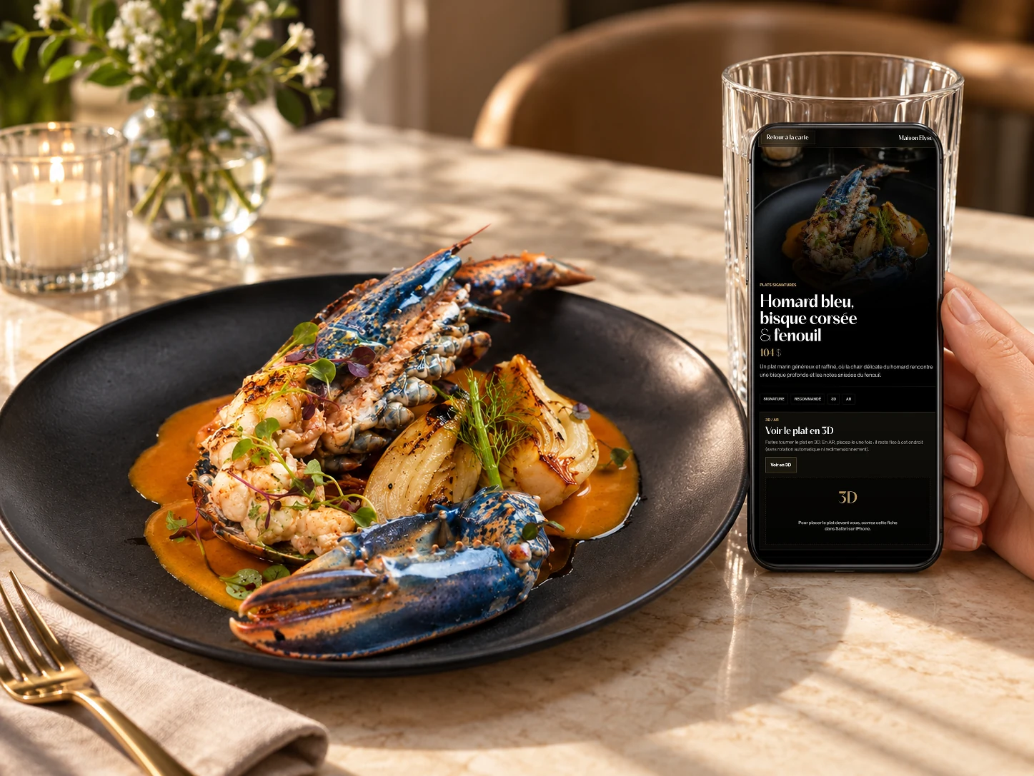 Fiche du homard bleu Maison Élyse sur un téléphone à côté du plat