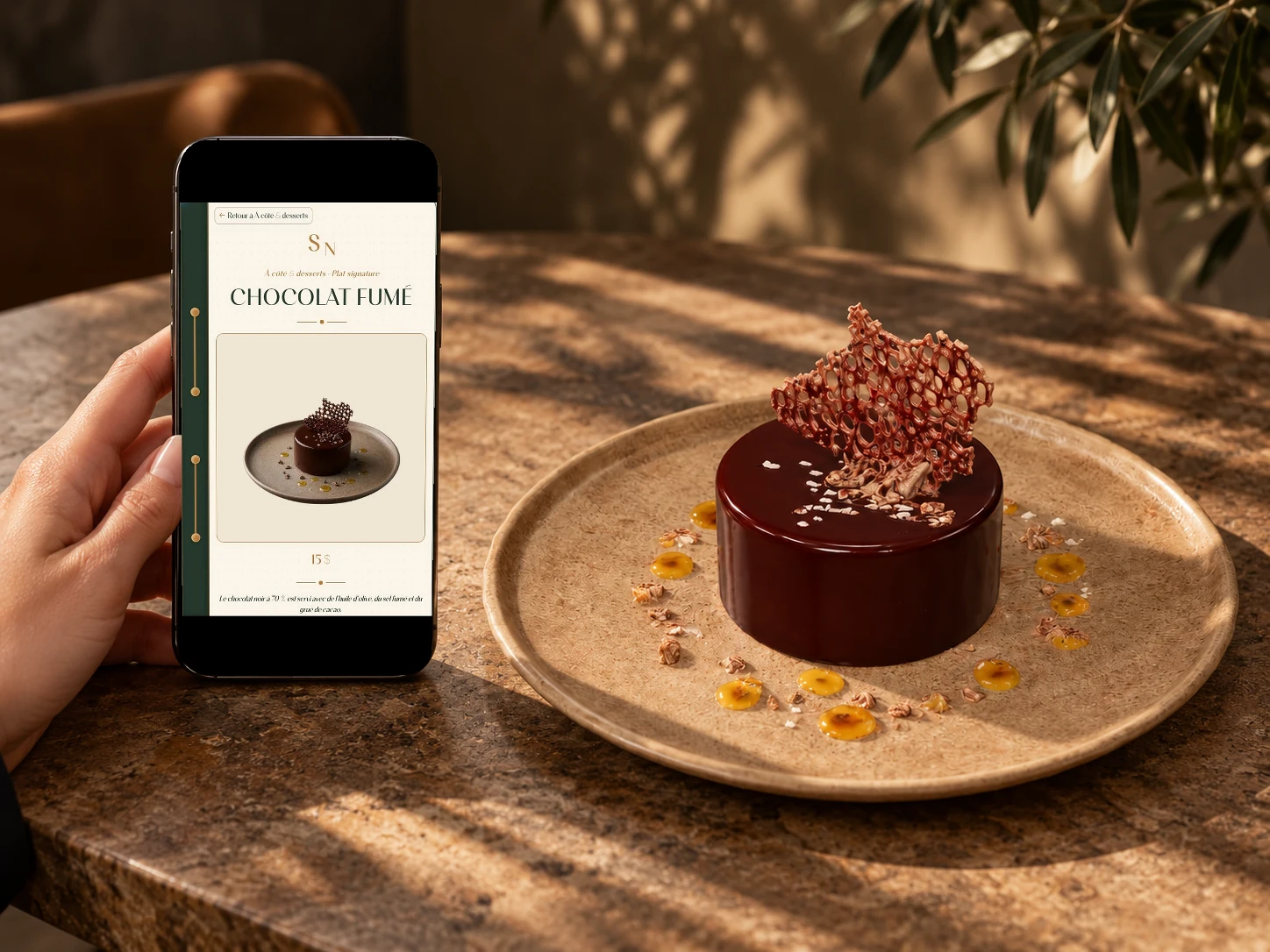 Fiche Chocolat fumé Sauge Noire avec photo et prix, à côté du dessert
