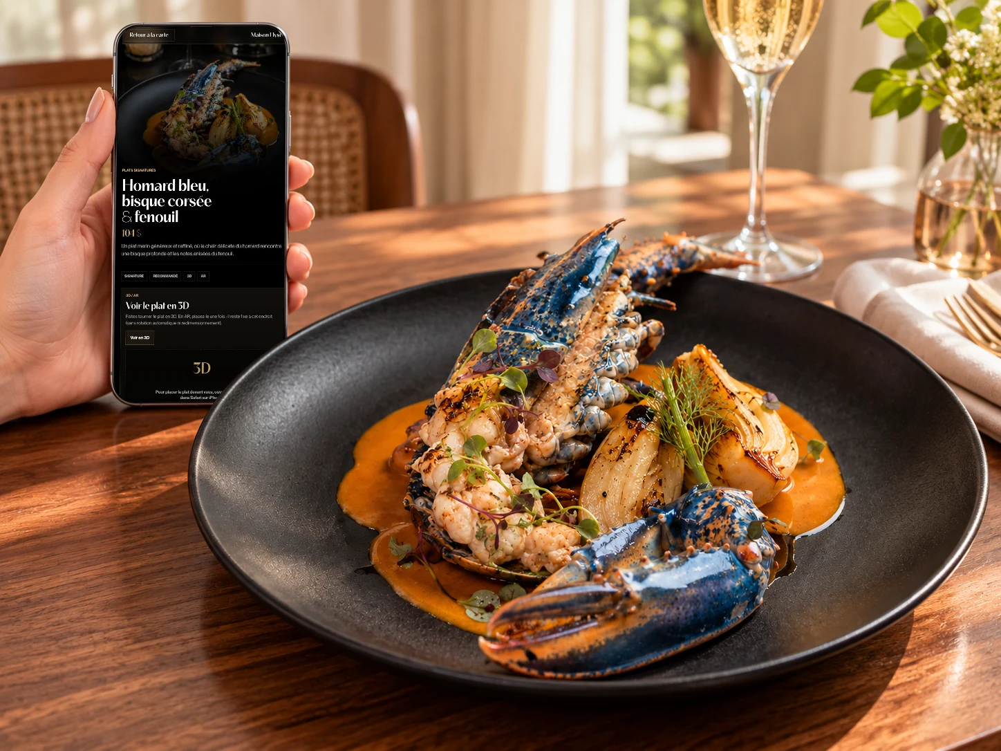 Fiche du homard bleu Maison Élyse sur un téléphone à côté du plat