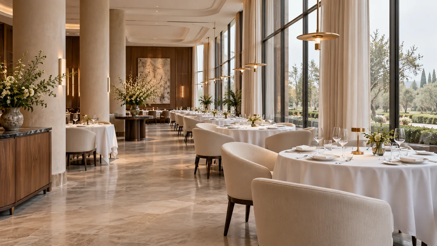 Grande salle lumineuse aux tables nappées, inspirée de Maison Élyse