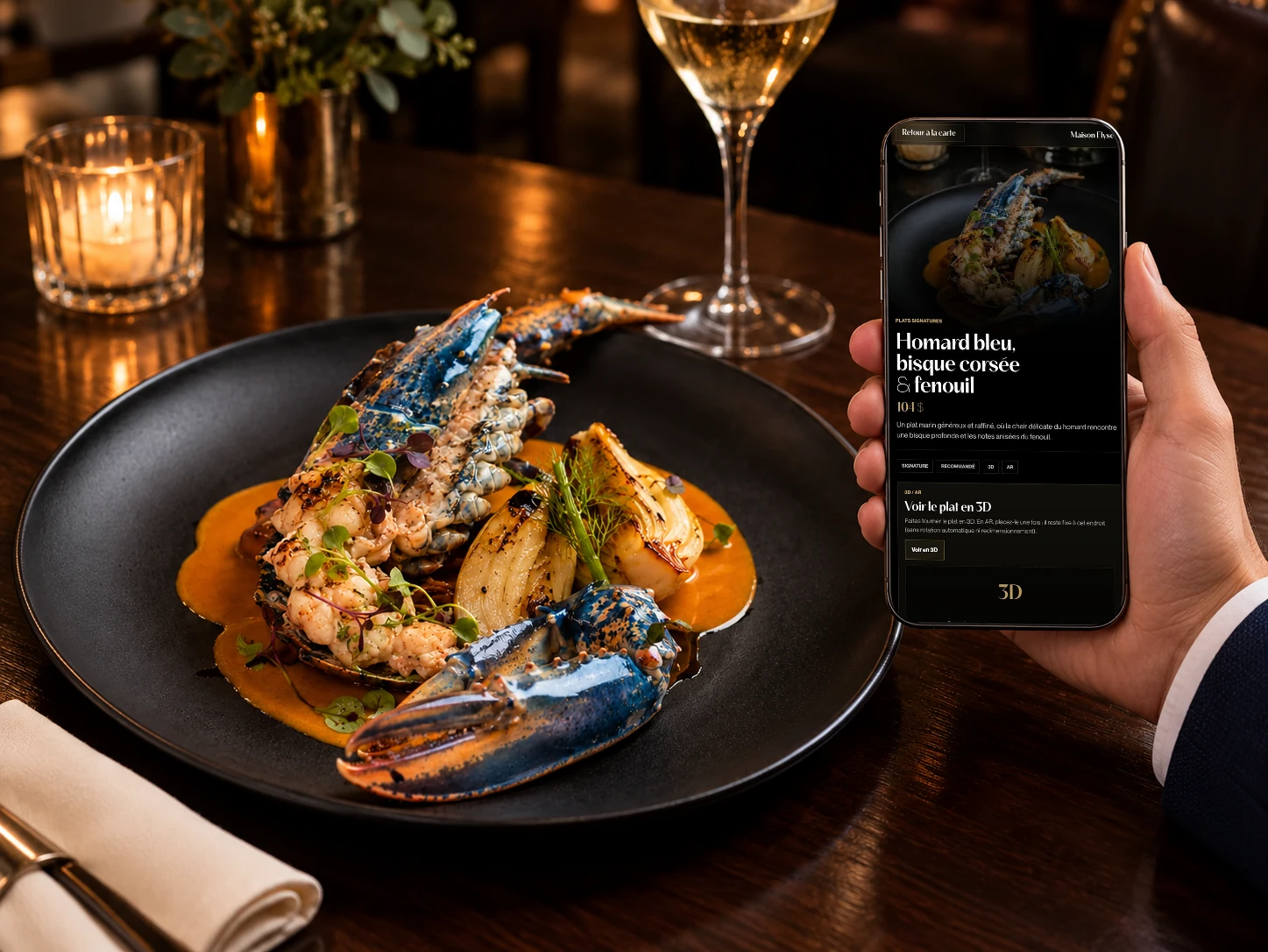 Téléphone présentant la fiche du homard bleu de Maison Élyse, à côté du plat