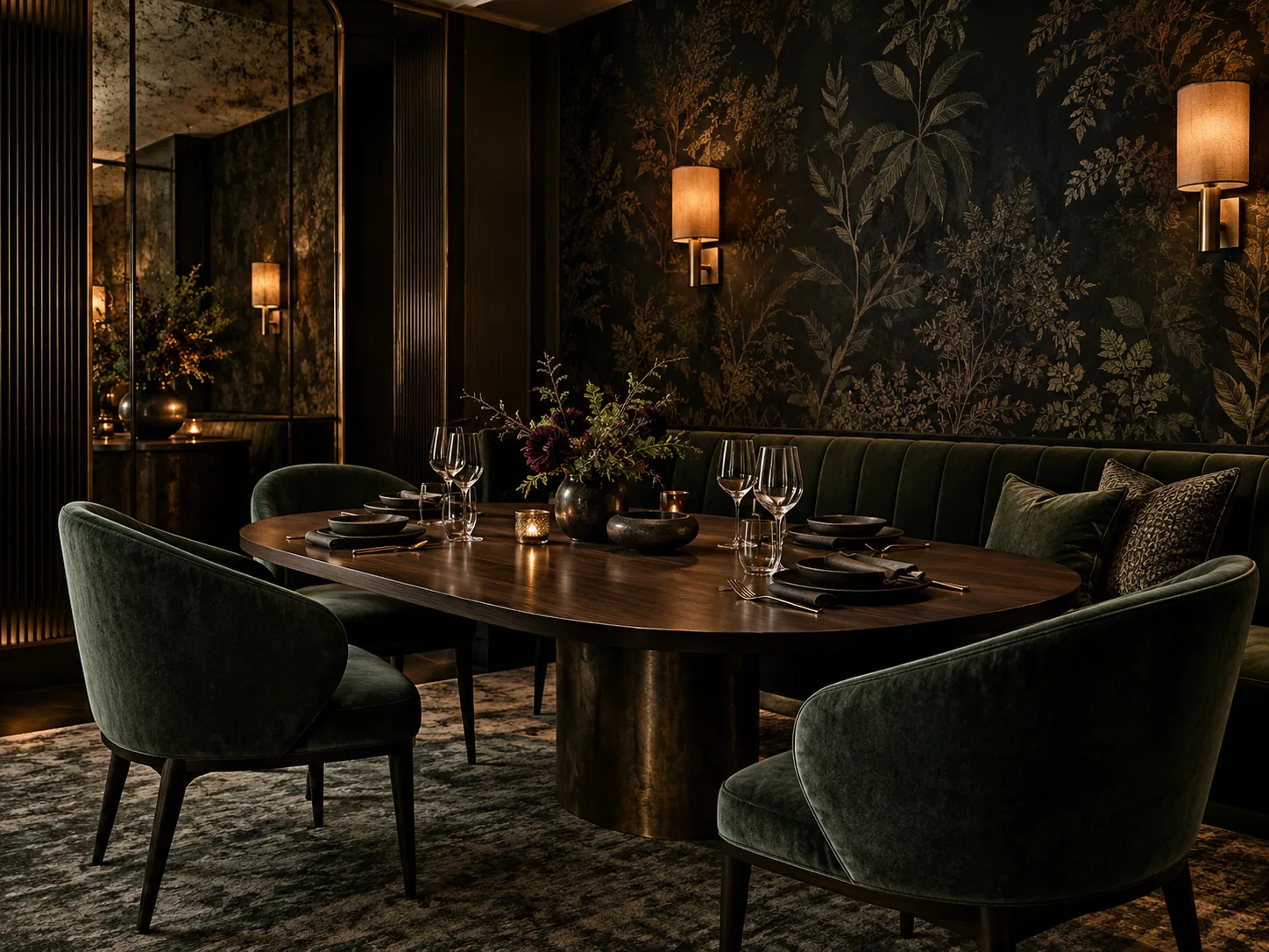 Salon feutré aux sièges verts et au décor botanique, inspiré de Sauge Noire