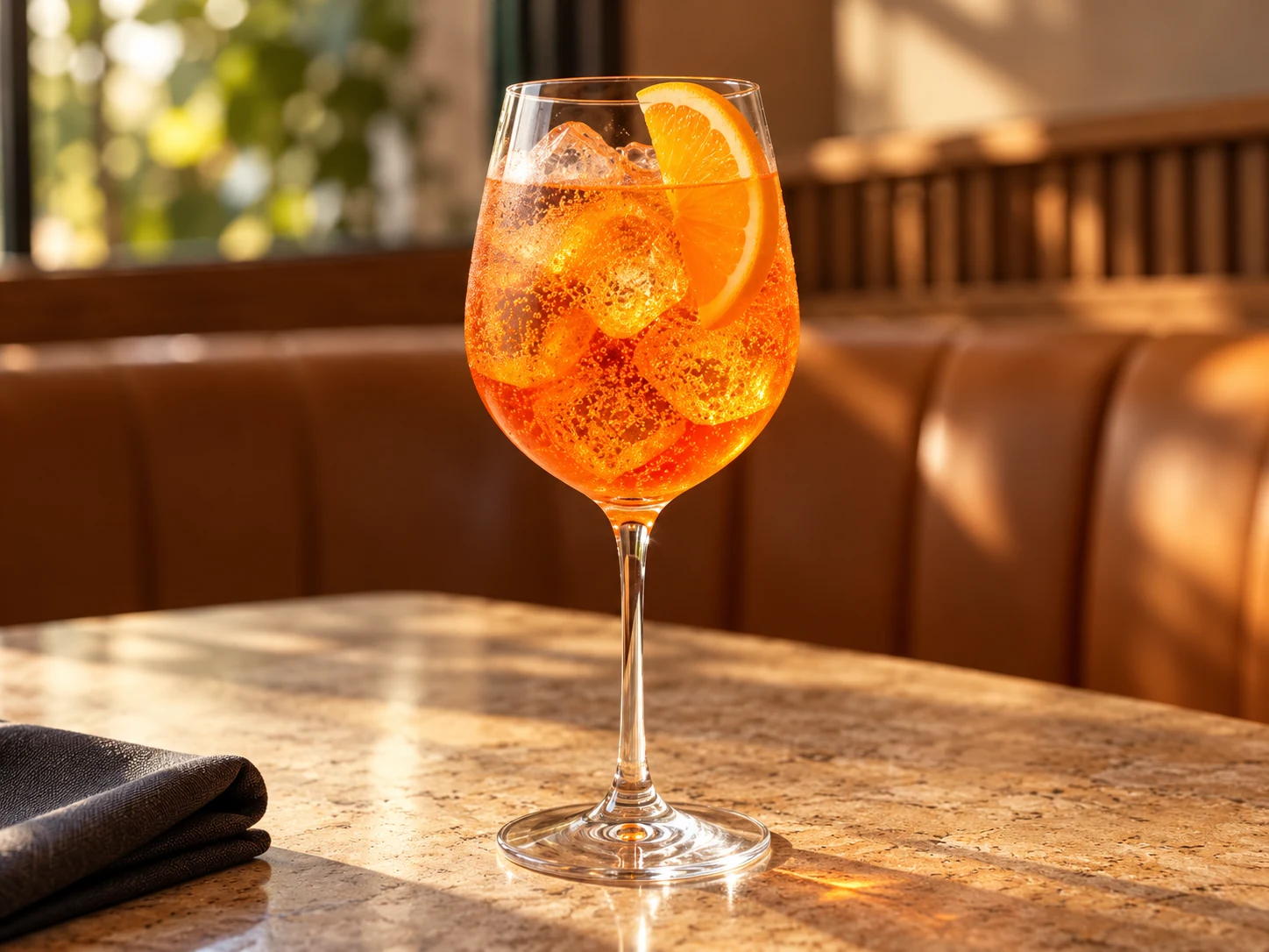 Spritz Riviera Trouvable avec tranche d’orange dans une ambiance de bistrot