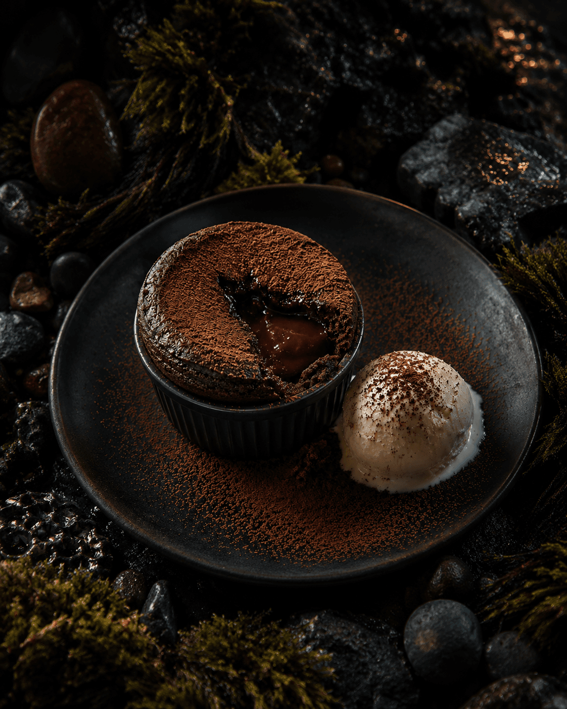 Dessert présenté avec une direction photo premium