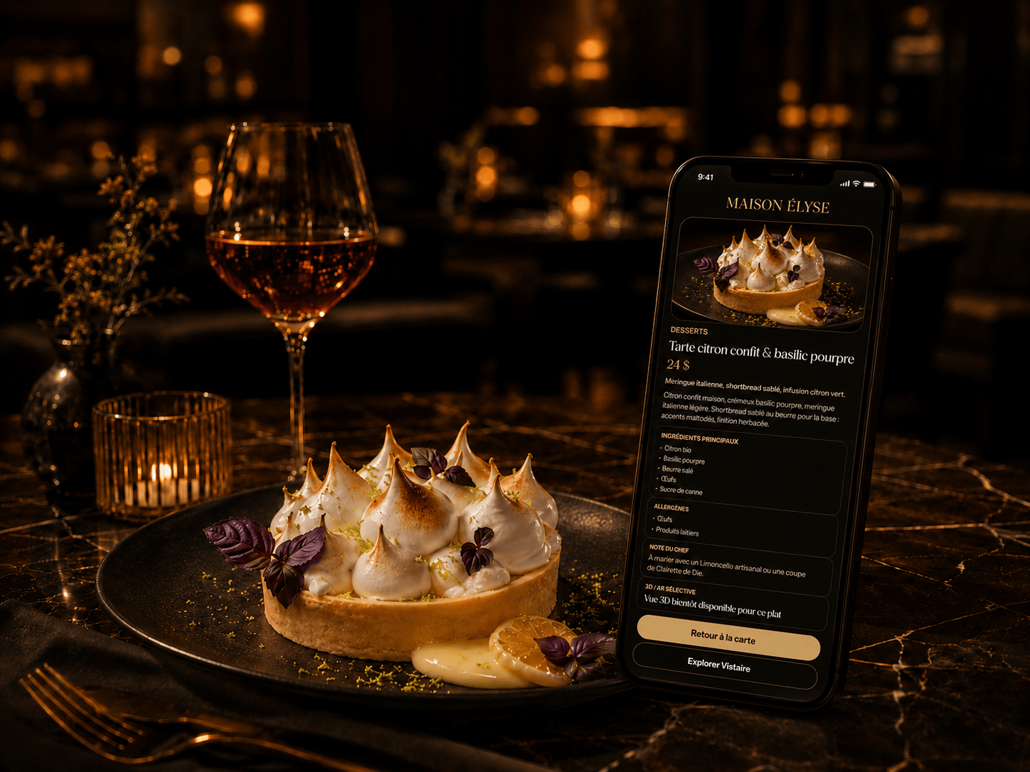 Menu digital Vistaire ouvert dans le navigateur mobile