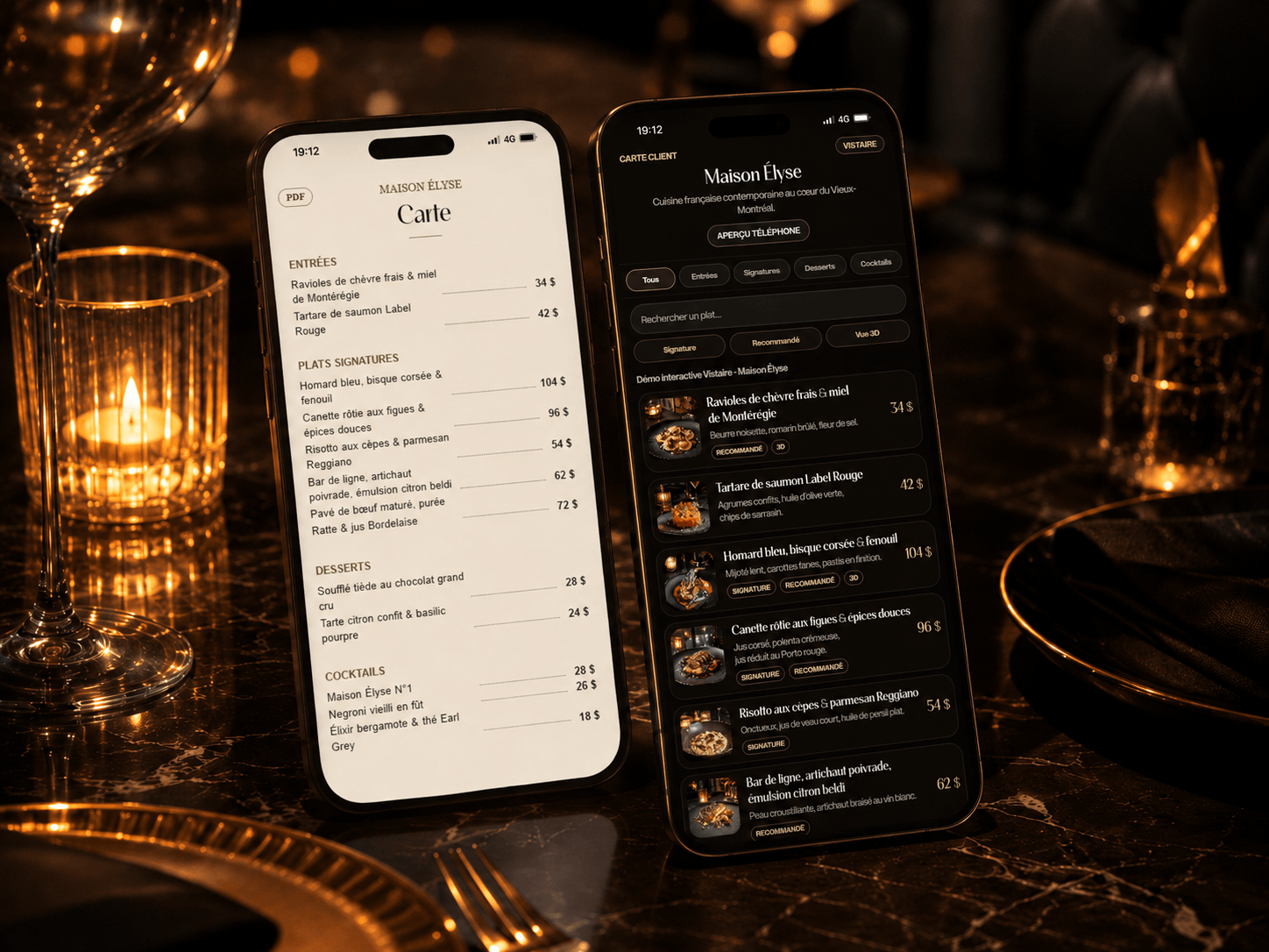 Comparaison entre menu PDF et menu digital Vistaire