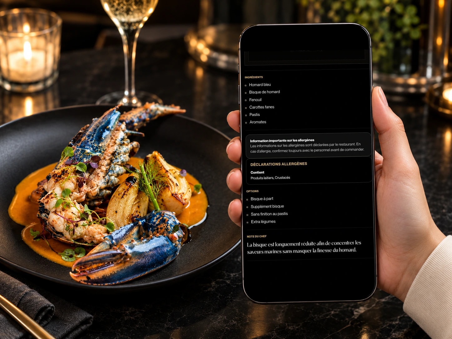 Fiche du homard de Maison Élyse ouverte sur les déclarations allergènes, à côté du plat