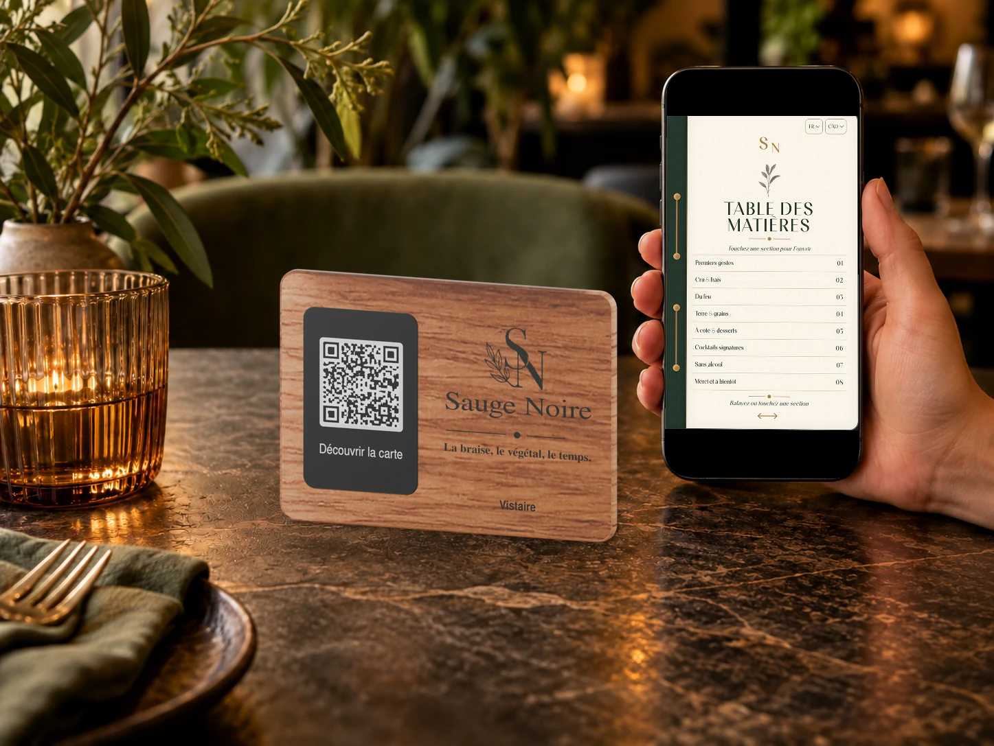 Support QR Signature Sauge Noire à côté du sommaire de la carte sur téléphone