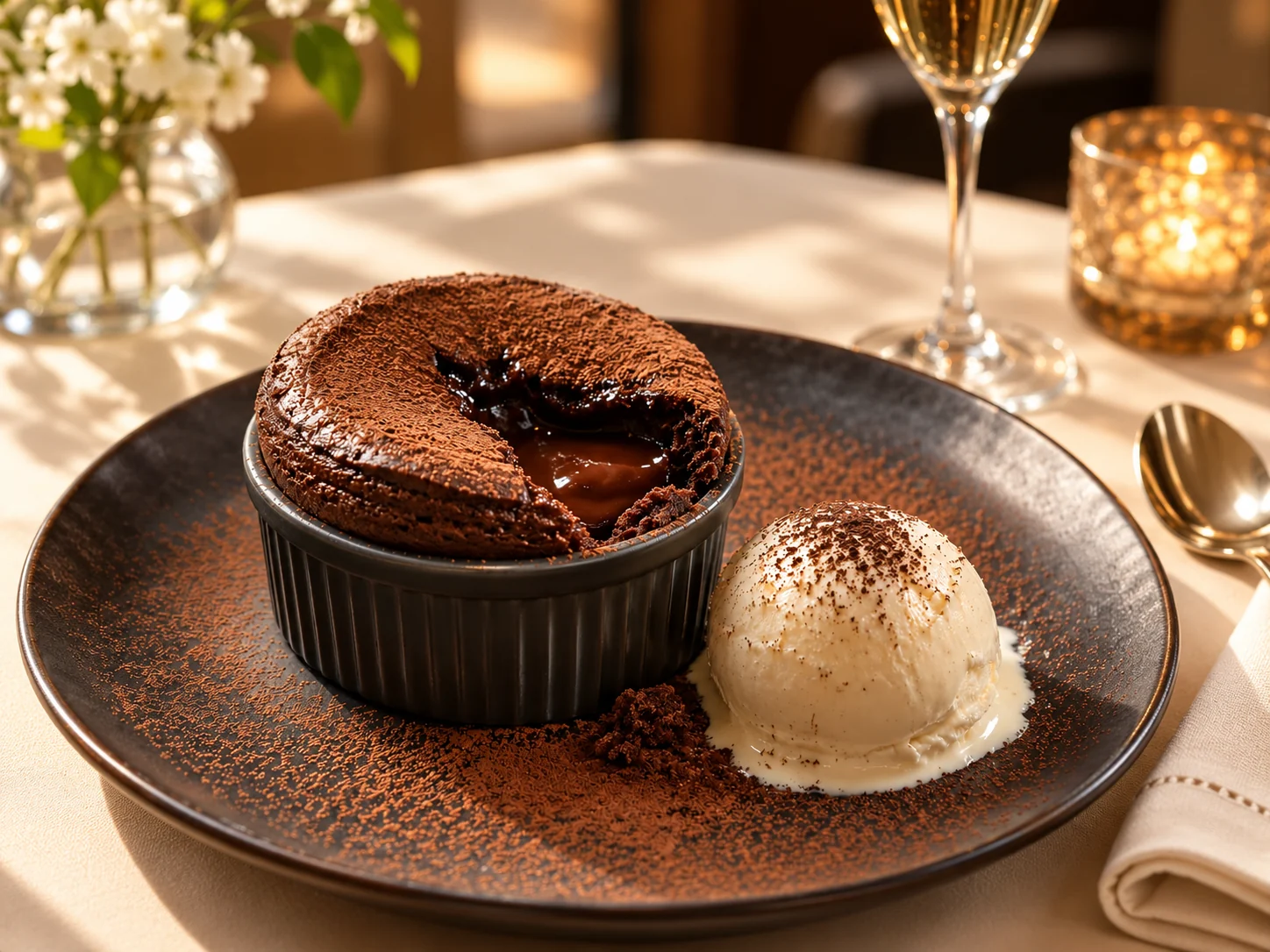 Soufflé au chocolat en ramequin et glace vanille sur une table de restaurant