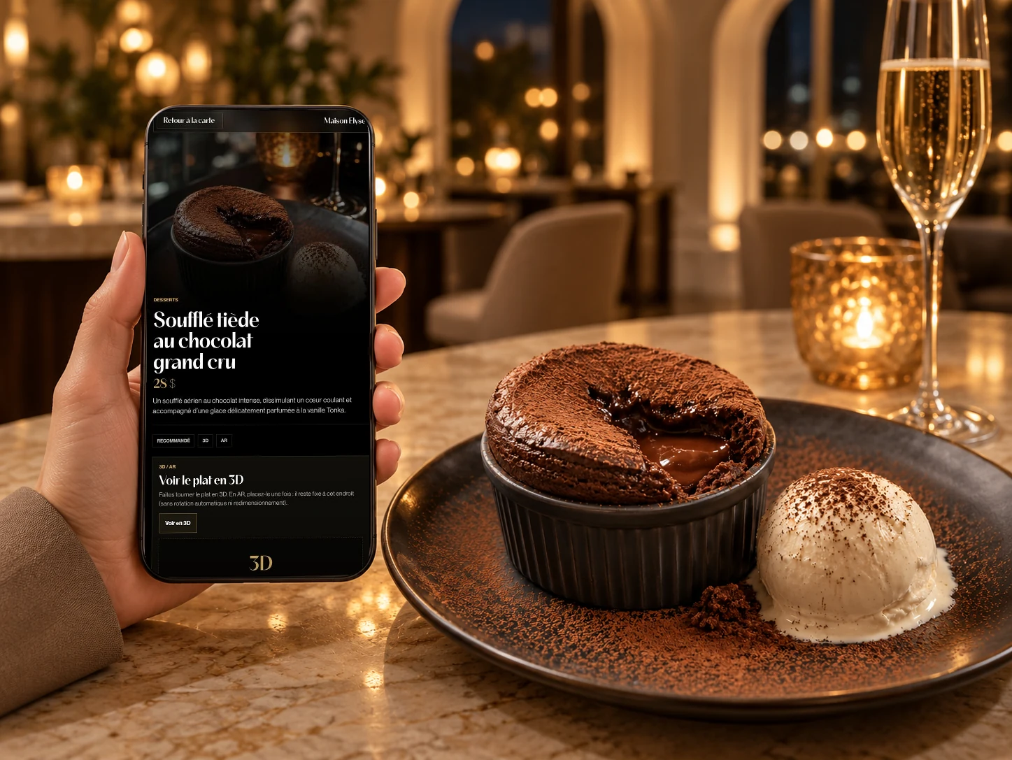 Téléphone présentant la fiche du soufflé au chocolat de Maison Élyse, à côté du plat