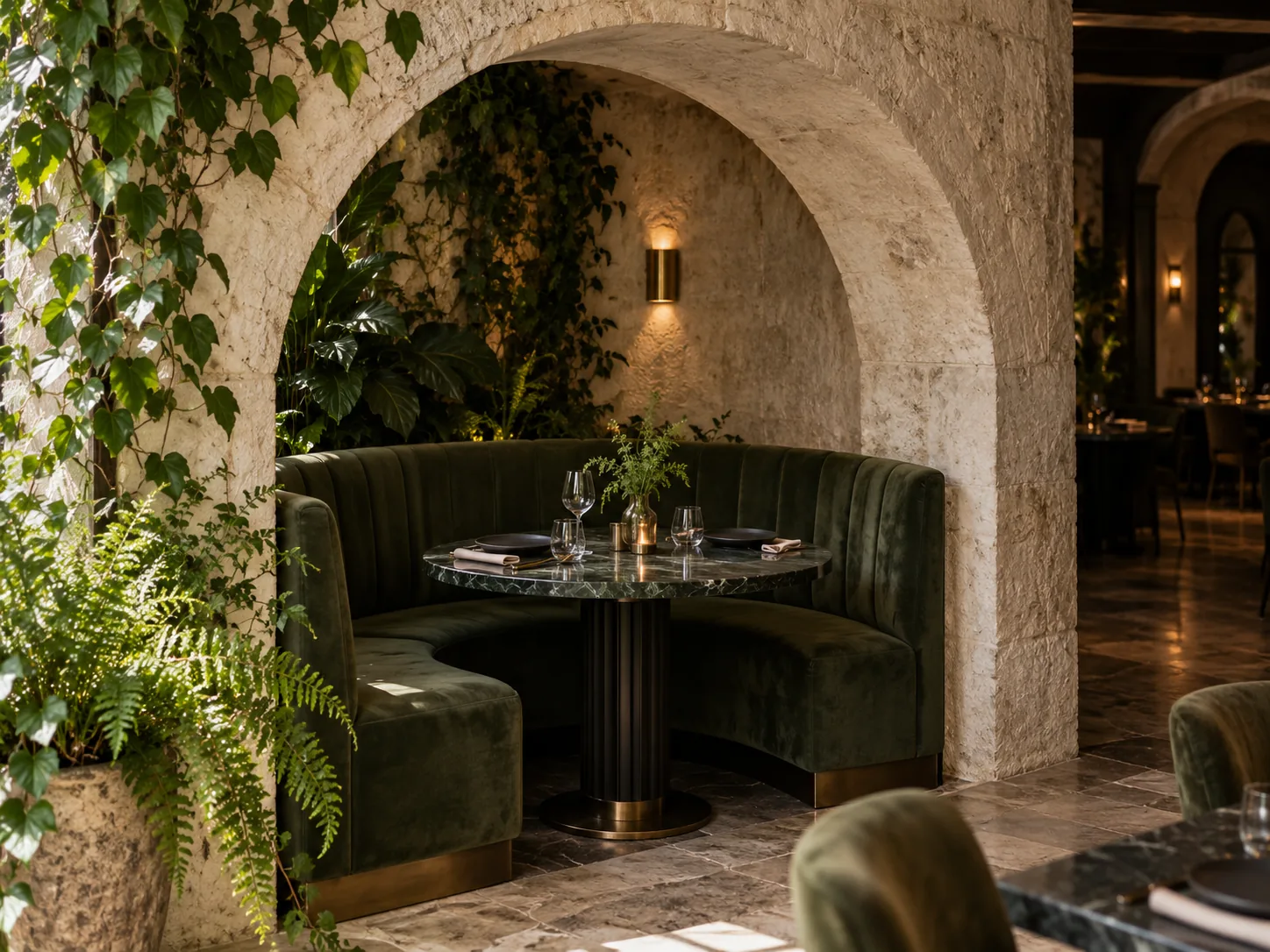 Banquette verte sous une arche de pierre, inspirée de Sauge Noire