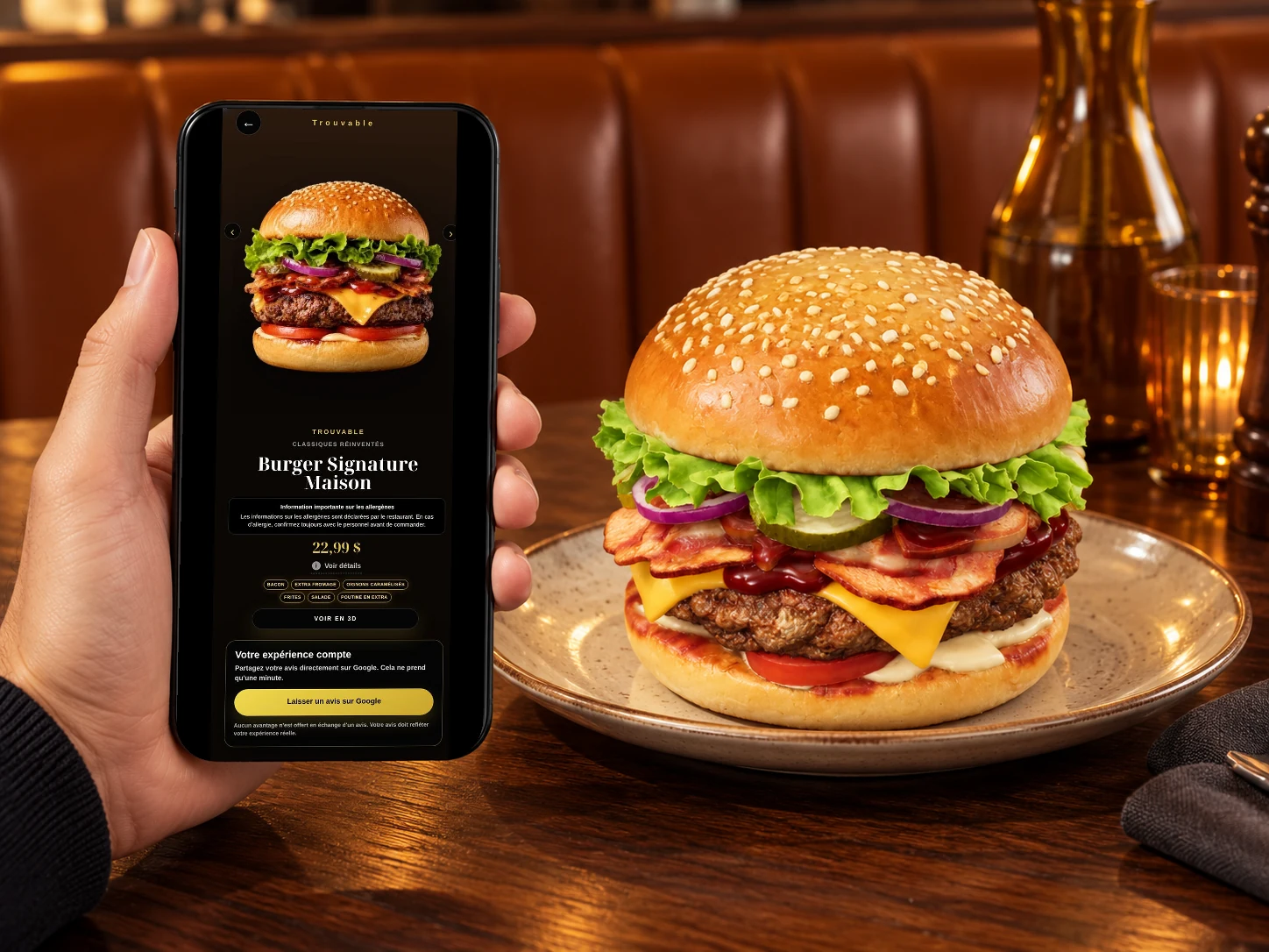Burger Trouvable et sa vraie fiche digitale sur un téléphone, au centre d’une table de bistrot