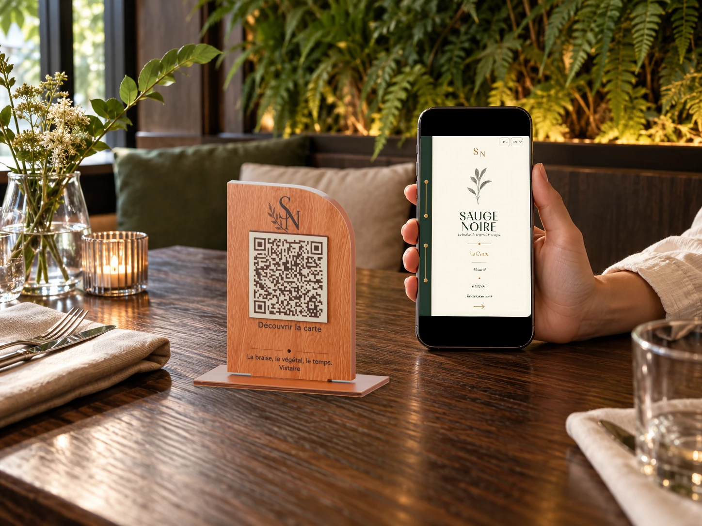 Support QR Sculpté Sauge Noire à côté du vrai menu sur téléphone
