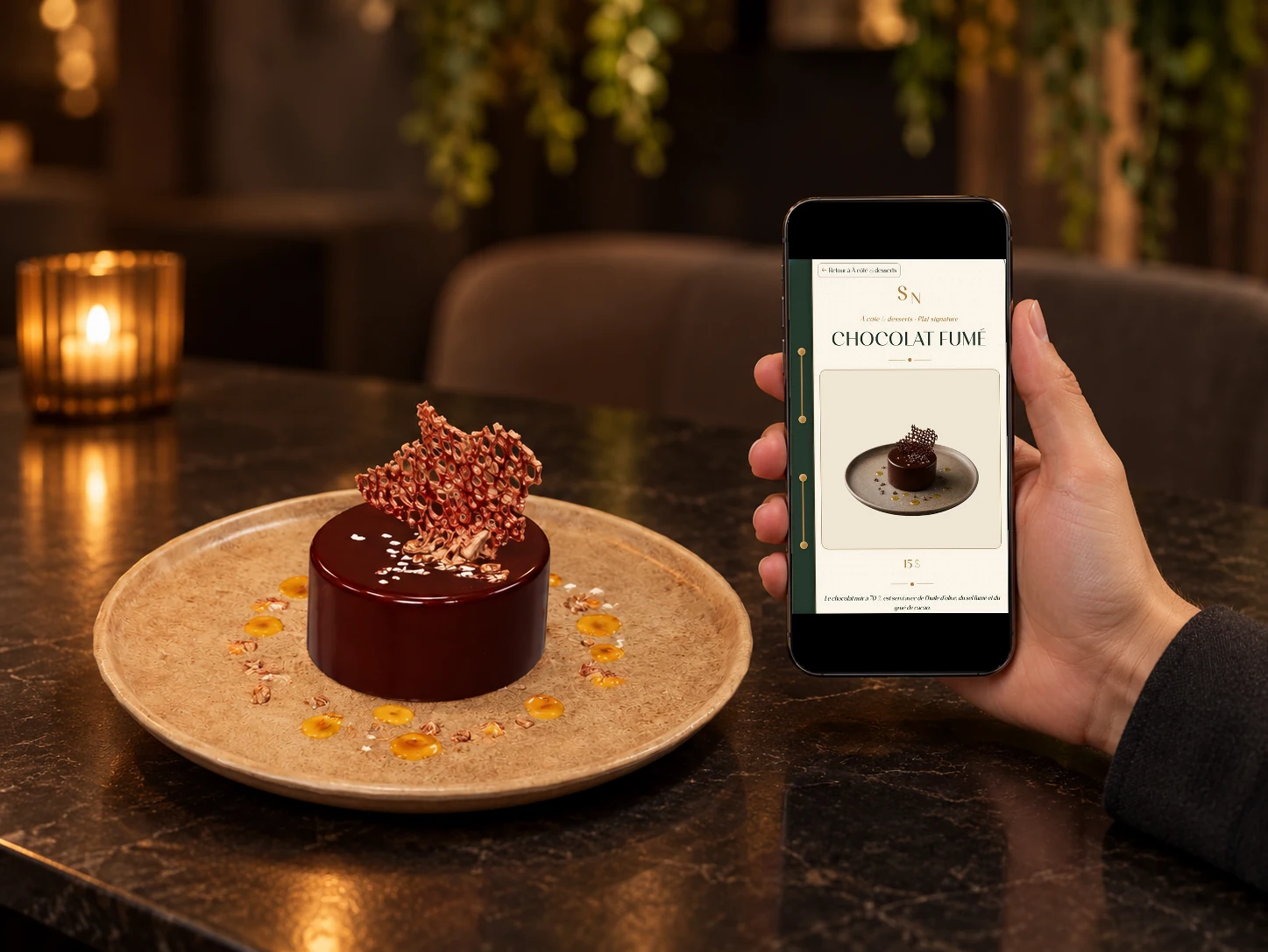 Dessert Chocolat fumé Sauge Noire et sa fiche digitale sur téléphone