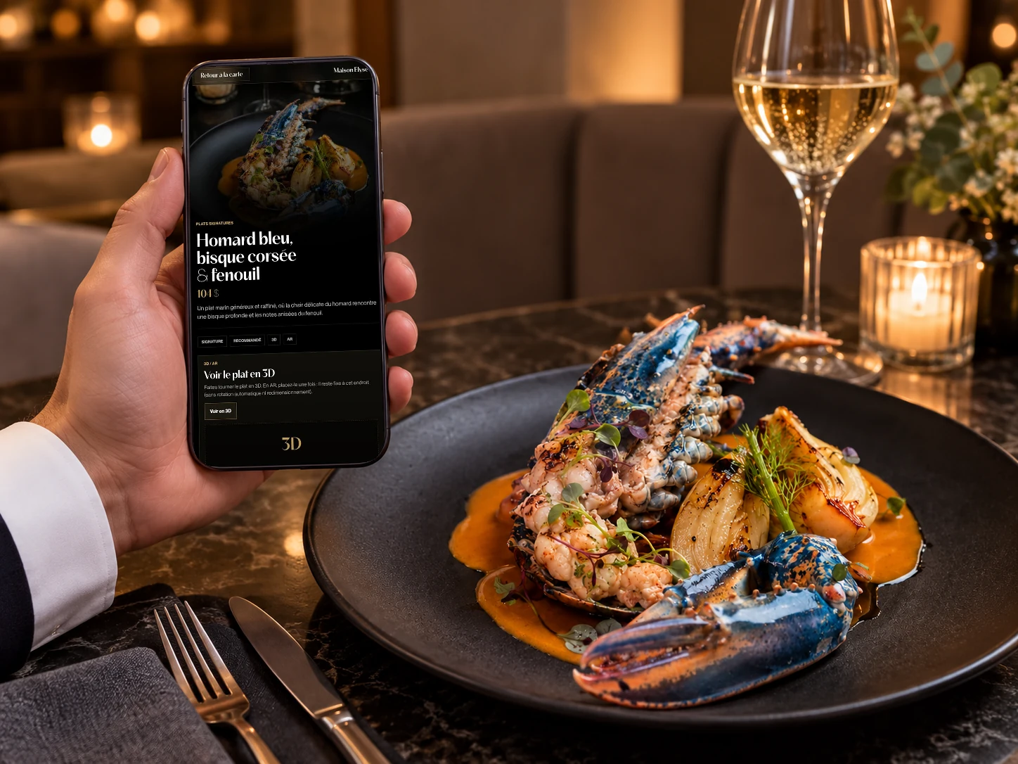 Téléphone présentant la fiche du homard bleu de Maison Élyse, à côté du plat