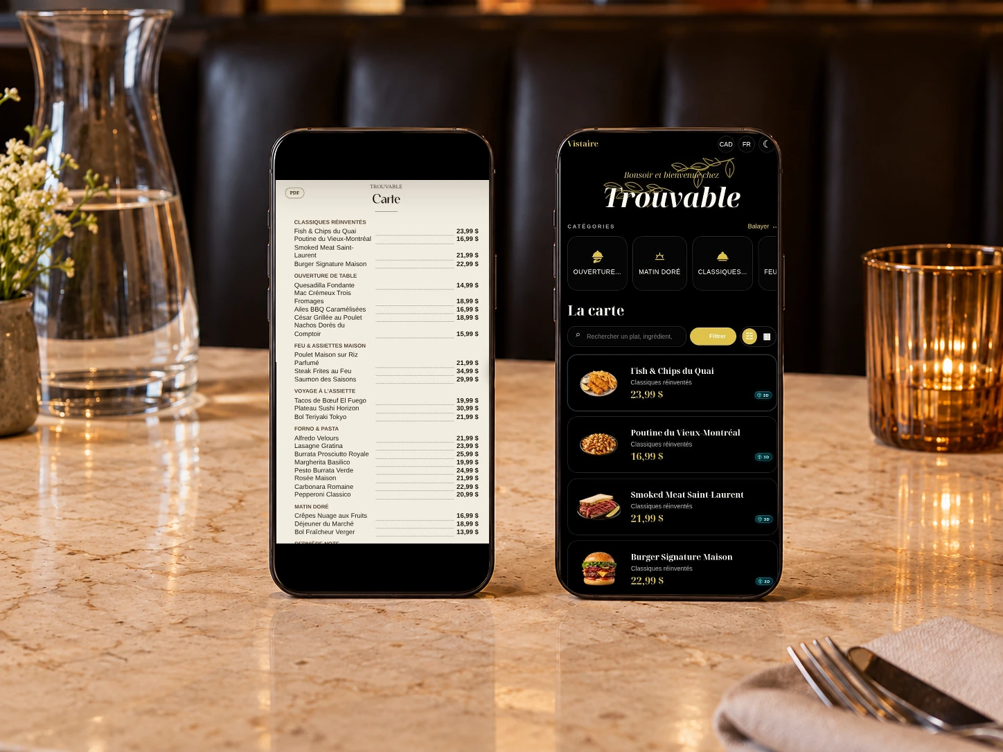 Deux téléphones comparent la présentation PDF et la carte mobile du vrai menu Trouvable