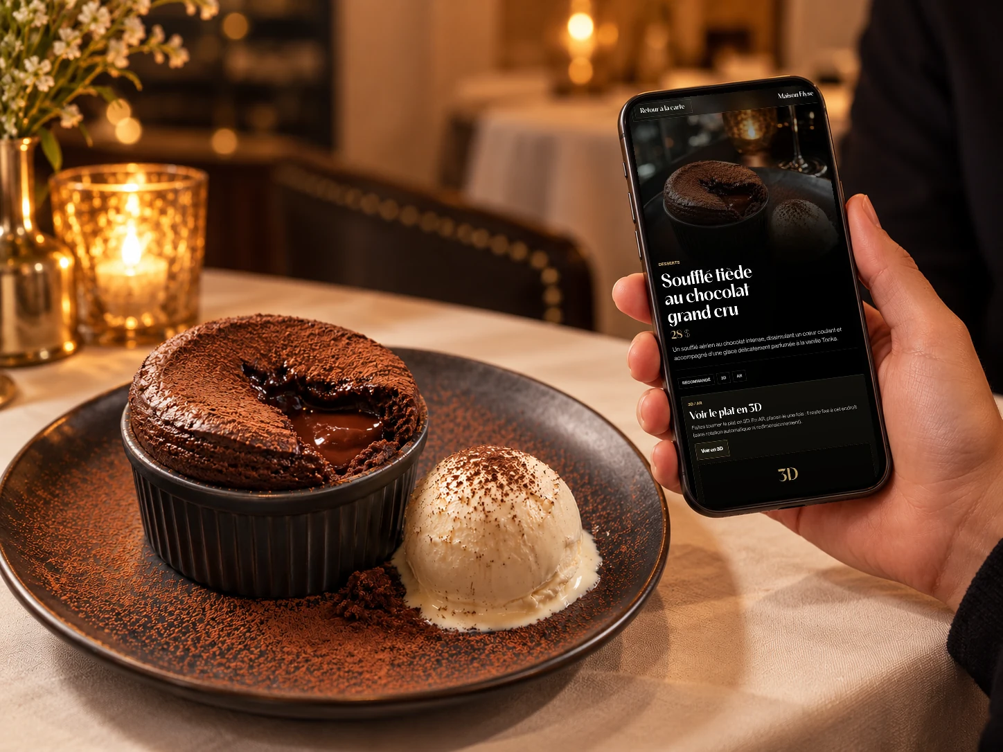 Soufflé au chocolat et fiche dessert Maison Élyse sur téléphone