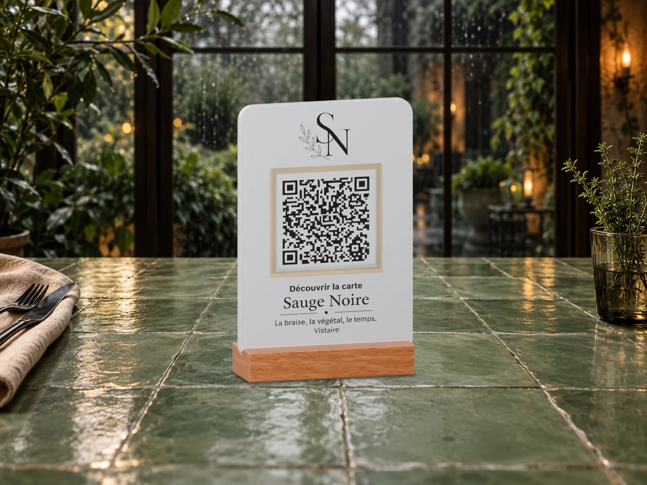 Support Acrylique Sauge Noire vu de gauche sur une table en zellige vert près d’une fenêtre