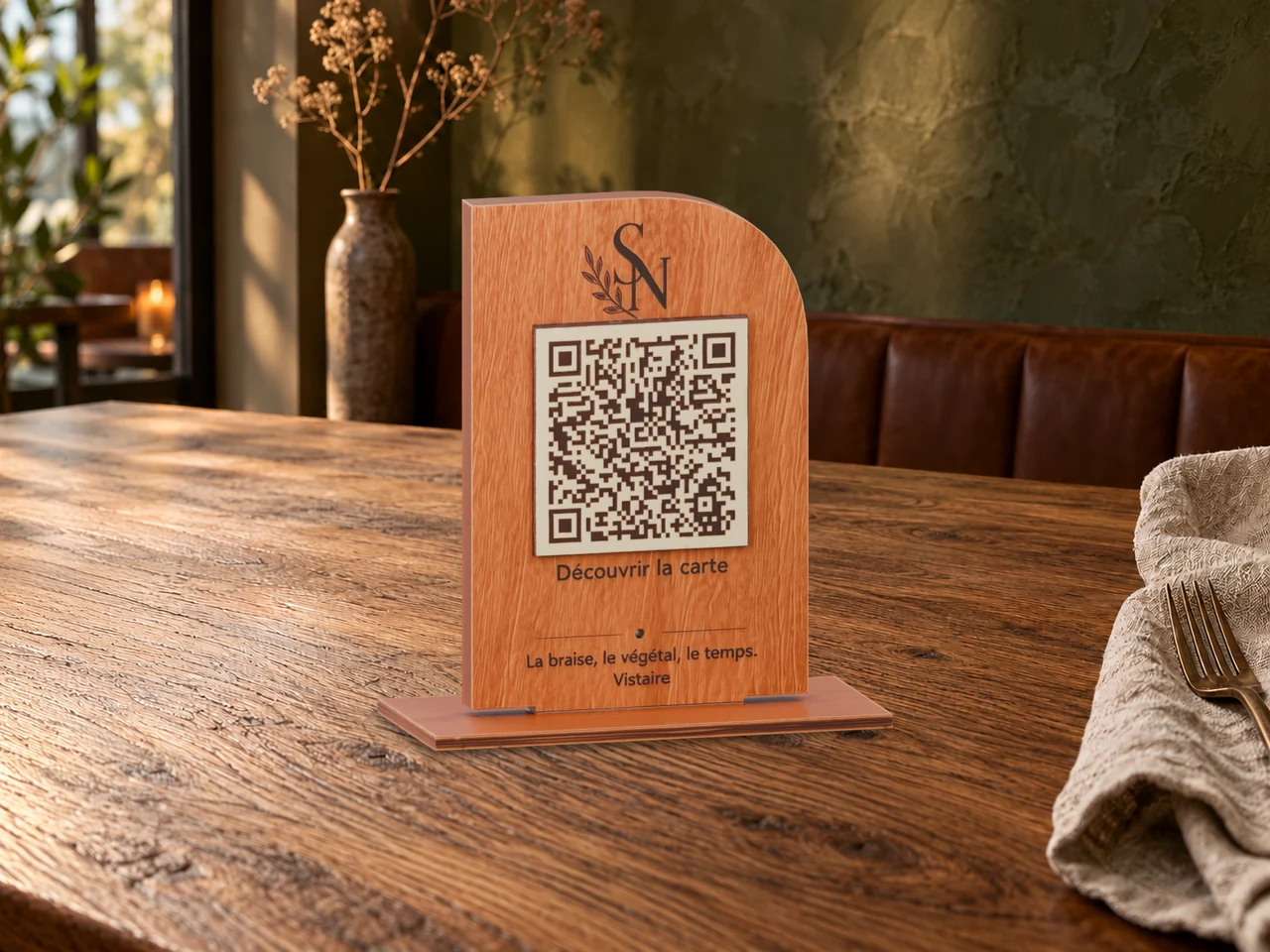 Support Sculpté Sauge Noire vu de gauche sur une table en chêne fumé, près d’une serviette en lin