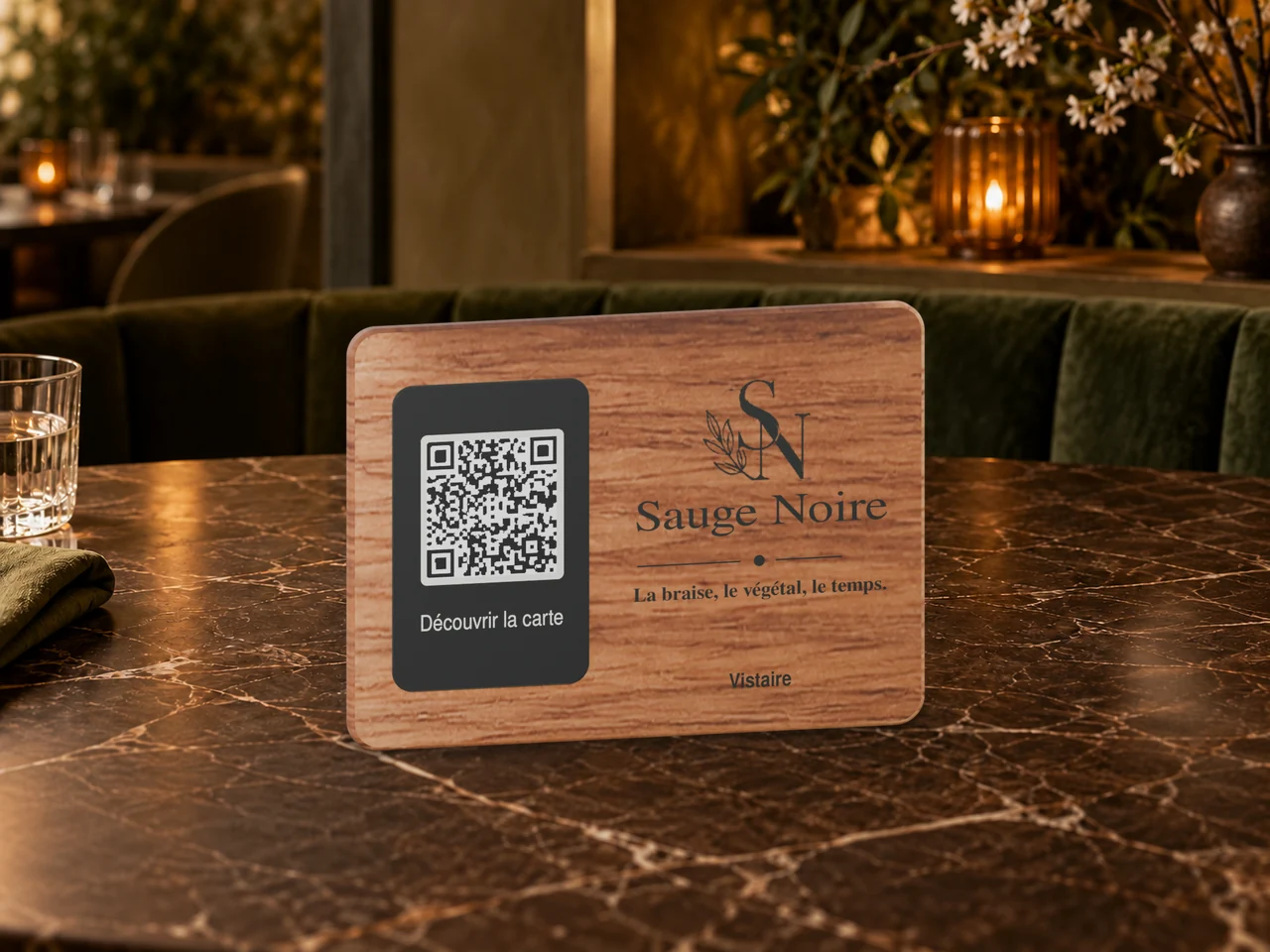 Support Signature Sauge Noire vu de gauche sur une table en marbre brun dans une alcôve végétale