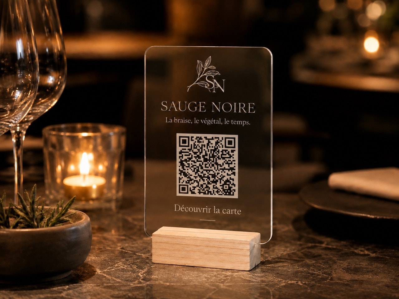 Support QR Vistaire Acrylique transparent sur une table de restaurant