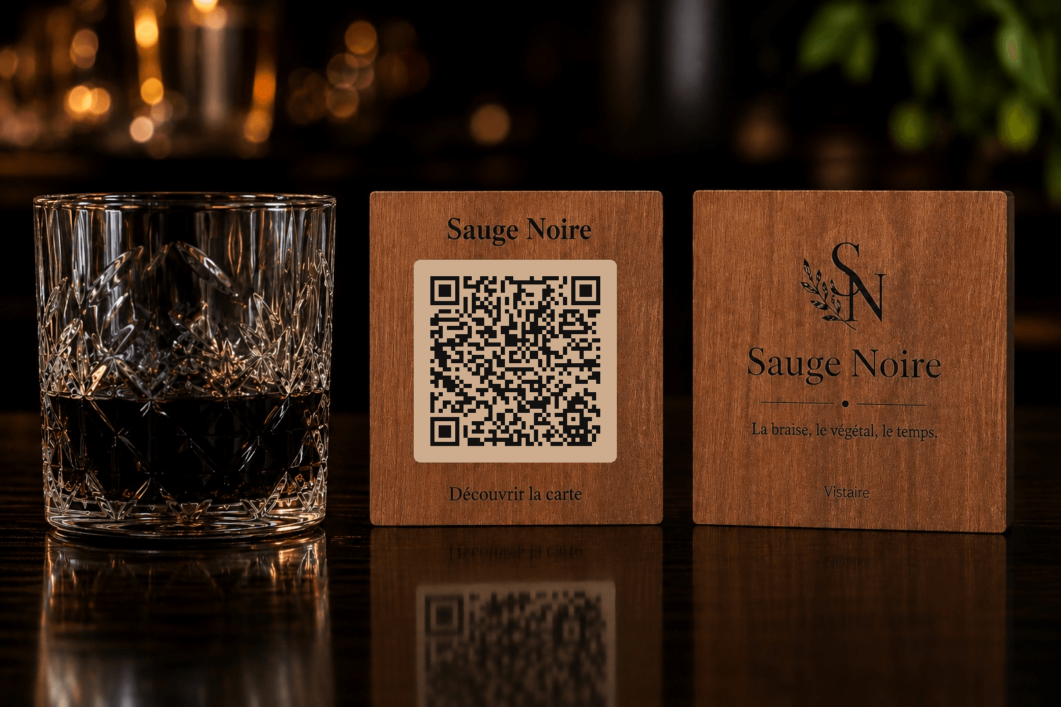 Support QR carré Vistaire présenté recto et verso sur une table de restaurant