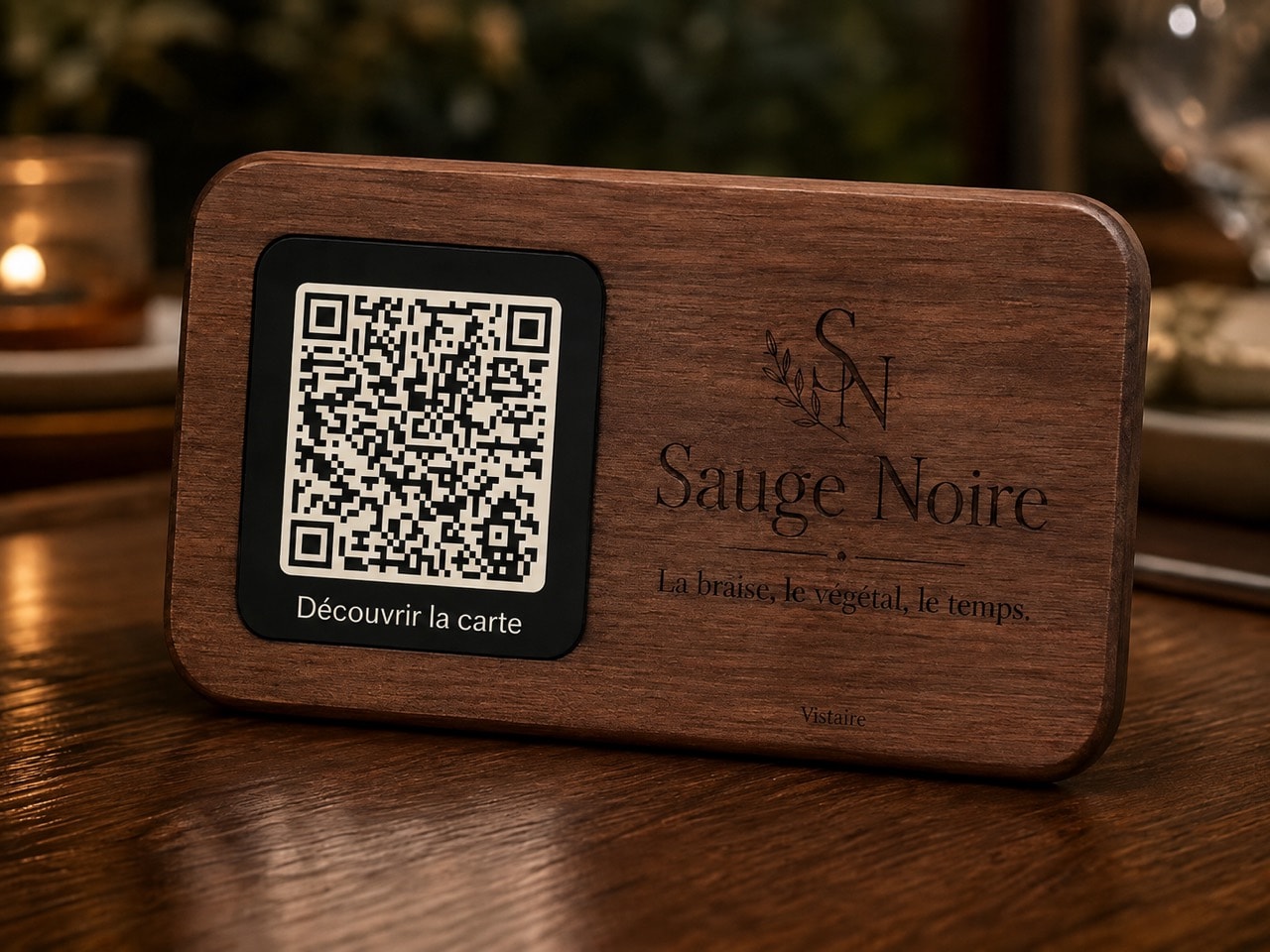 Support QR horizontal Vistaire Signature en bois avec insert noir amovible