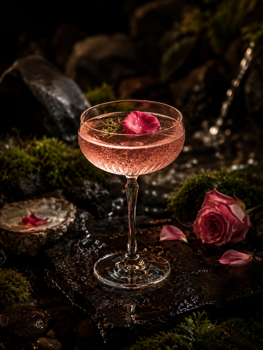 Cocktail rose premium servi dans une coupe sur une scene sombre