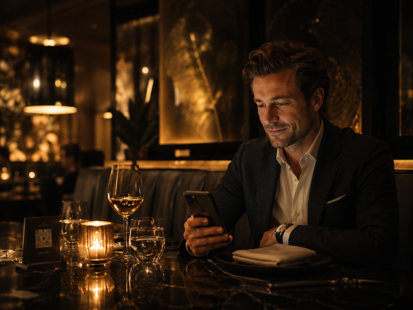 Client consultant une carte digitale Vistaire dans un restaurant premium