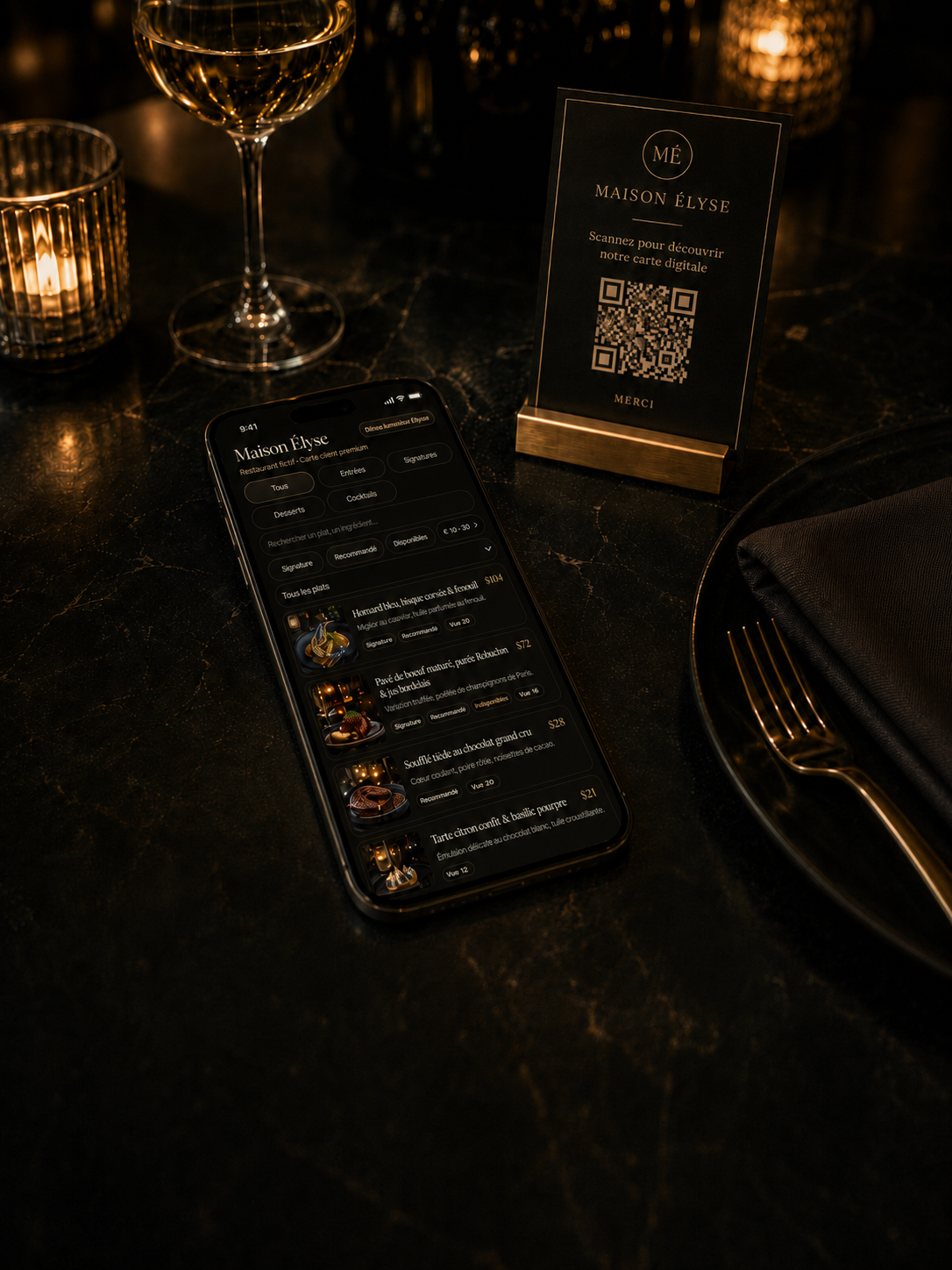 Téléphone affichant une carte Vistaire à côté d'un QR code de table