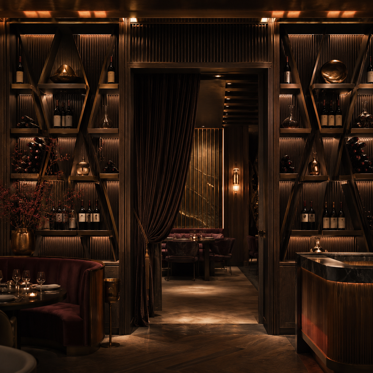 Salle Vistaire premium avec banquettes, verres et lumière chaude