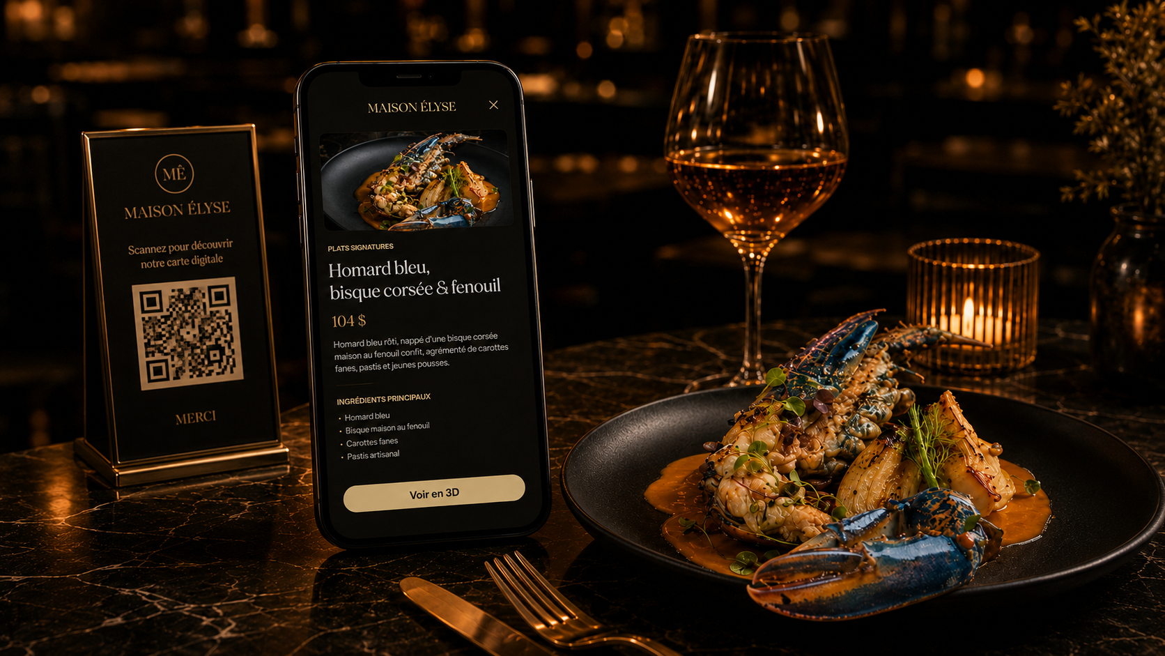 Cliente consultant une carte Vistaire ouverte après scan QR à table