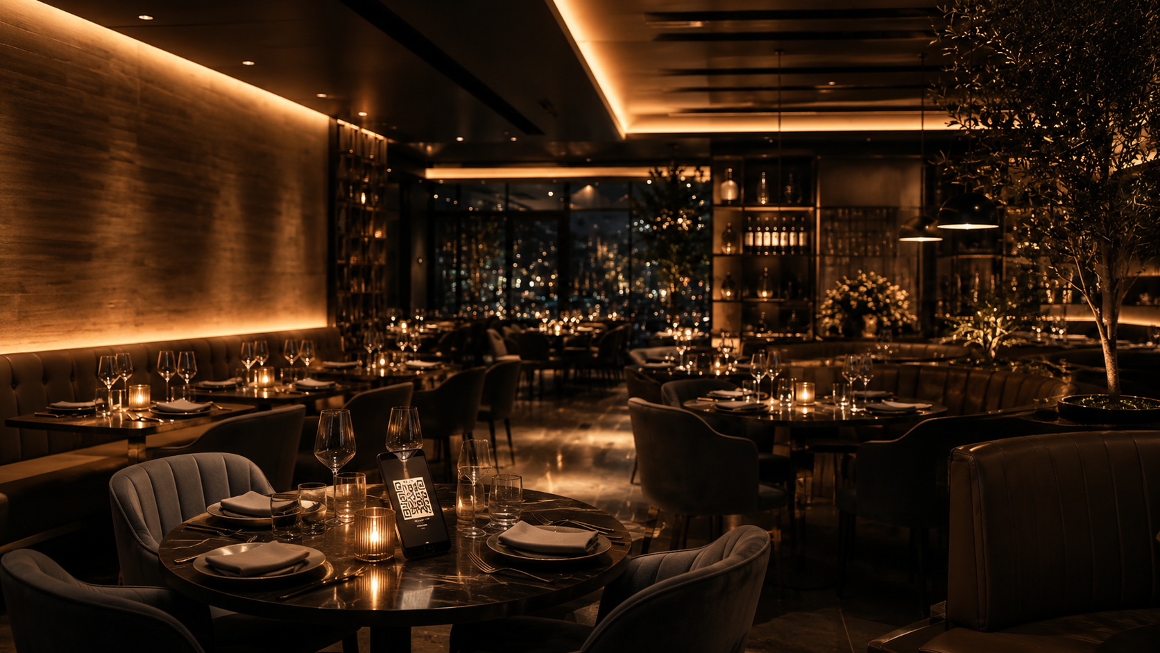Salle de restaurant haut de gamme preparee pour le service