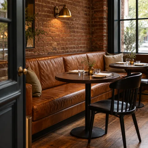 Banquette en cuir cognac et mur de brique, inspirés de Trouvable