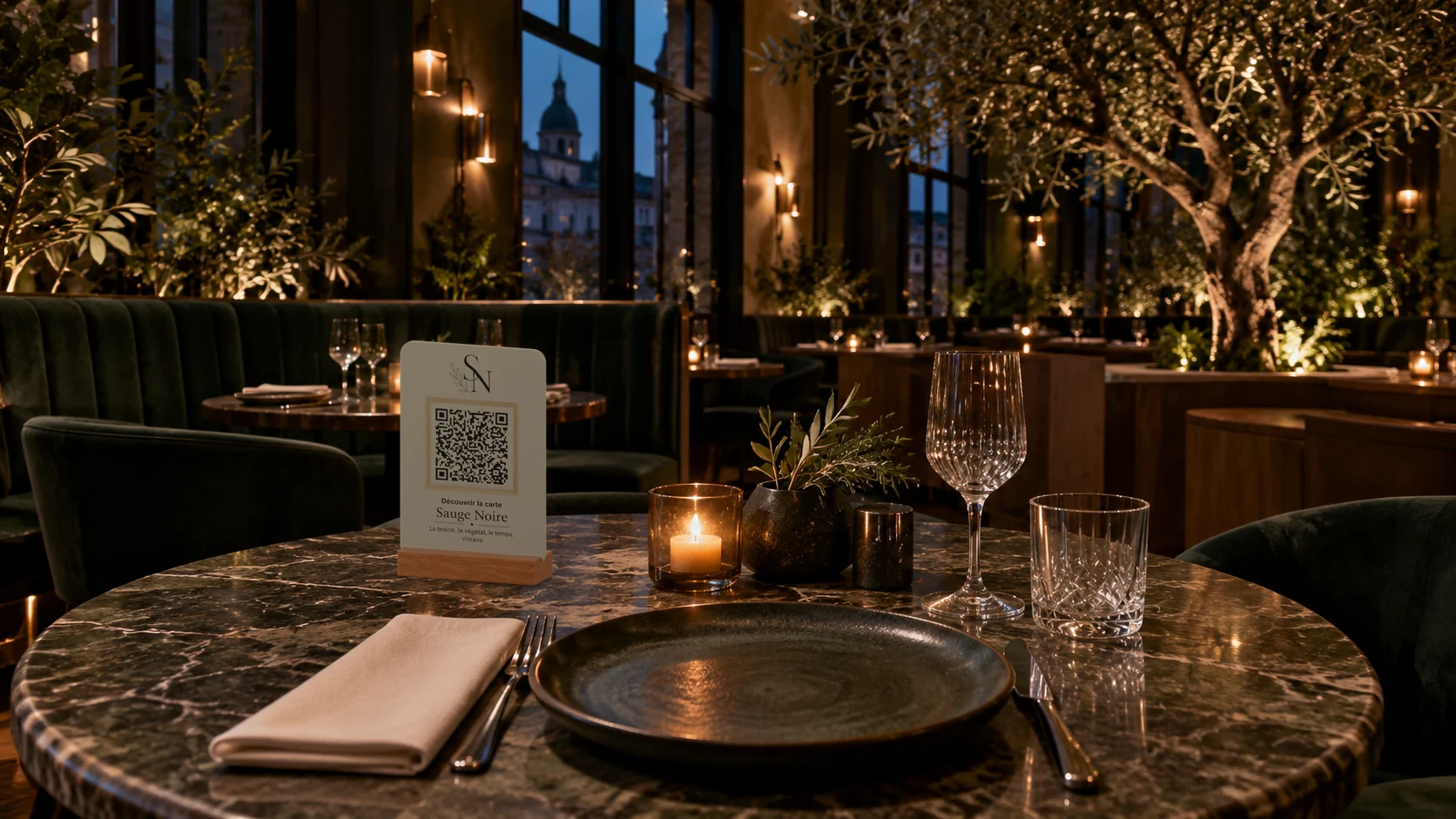 Ambiance de salle de restaurant inspirée de Sauge Noire
